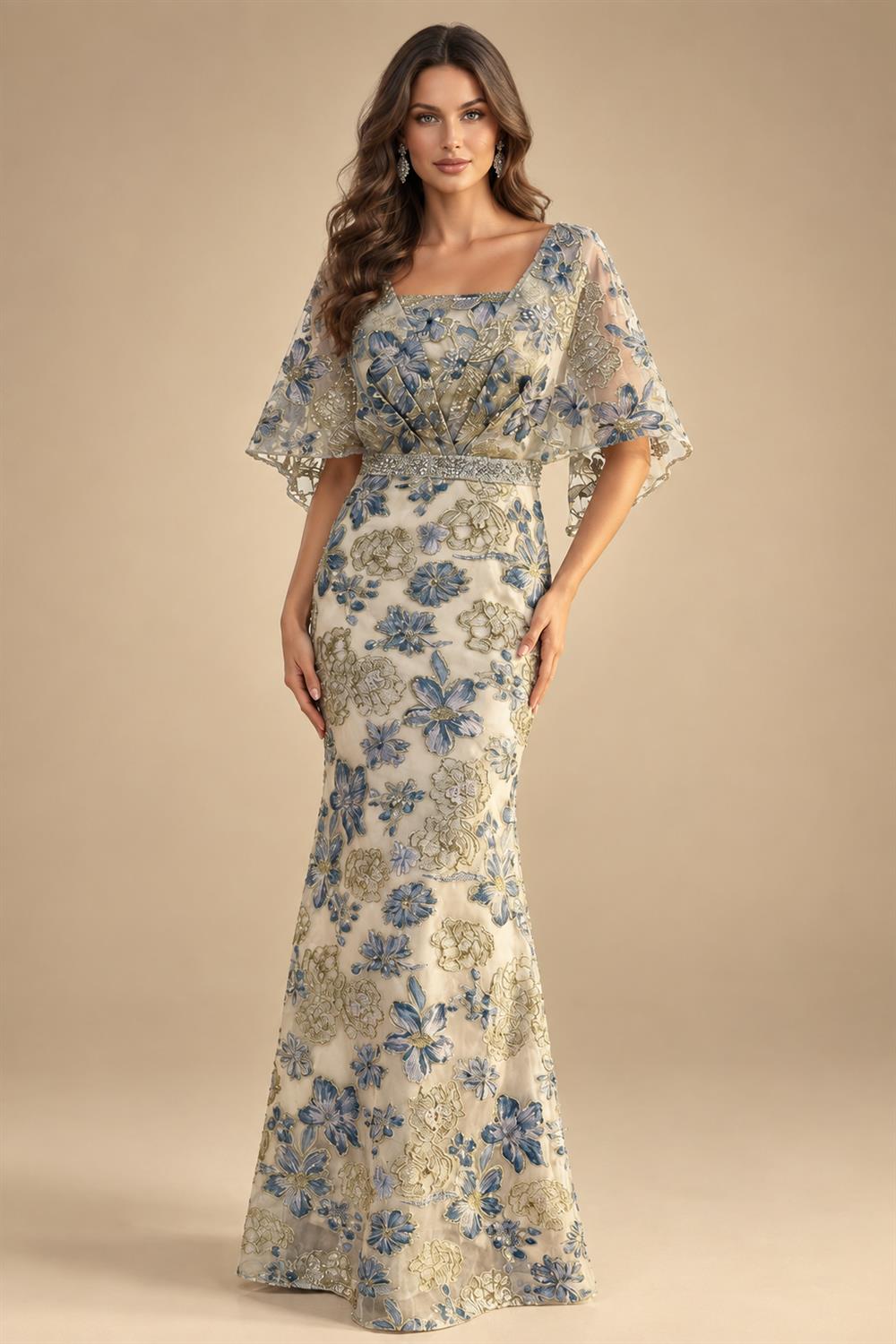 Cape Sleeve Floral Jacquard Satin Tea-Length Ruched Mother of the Bride Dresses 2 Piece (SHIA22500528)