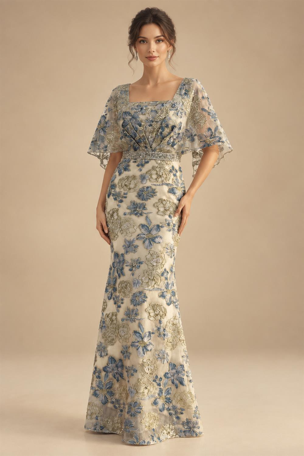 Cape Sleeve Floral Jacquard Satin Tea-Length Ruched Mother of the Bride Dresses 2 Piece (SHIA22500528)