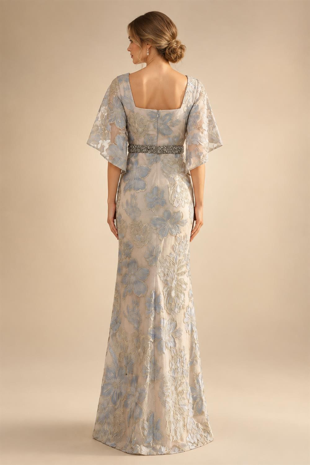 Cape Sleeve Floral Jacquard Satin Tea-Length Ruched Mother of the Bride Dresses 2 Piece (SHIA22500528)