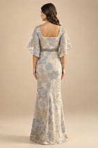 Jacquard Sheath/Column 3/4 Sleeves Floor-Length Mother of the Bride & Groom Dresses with Ruched Waist & Rhinestones (SHI22500801)