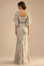 Cape Sleeve Floral Jacquard Satin Tea-Length Ruched Mother of the Bride Dresses 2 Piece (SHIA22500528)