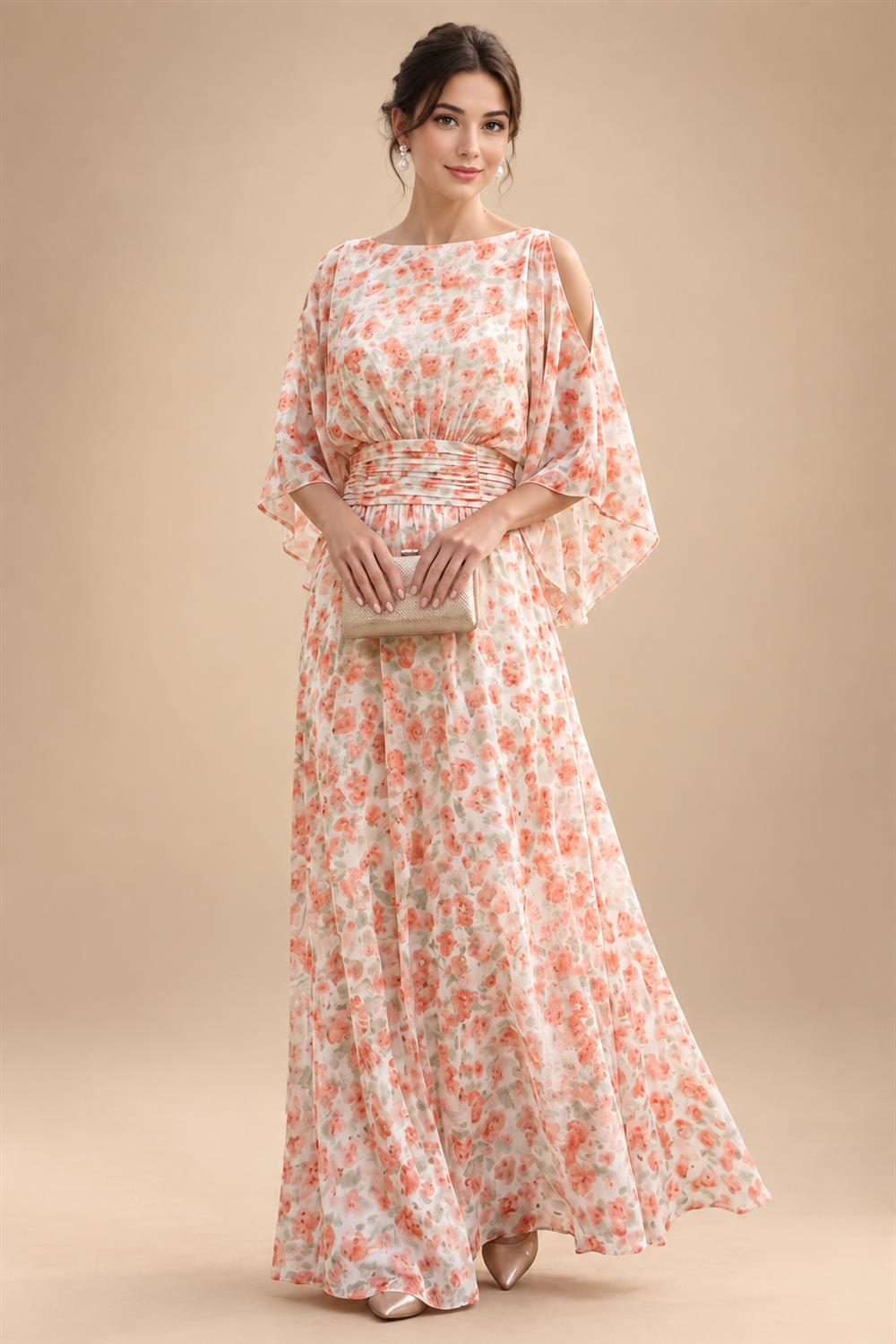 Floral Print A-Line/Princess Scoop Neck Tea-Length Mother of the Bride & Groom Dresses with Tiered Layers & Ruched Waist (SHI22501120)