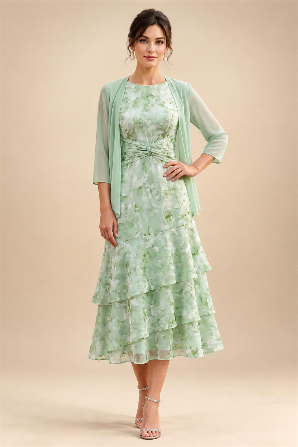 Floral Print A-Line/Princess Scoop Neck Tea-Length Mother of the Bride & Groom Dresses with Tiered Layers & Ruched Waist (SHI22501120)