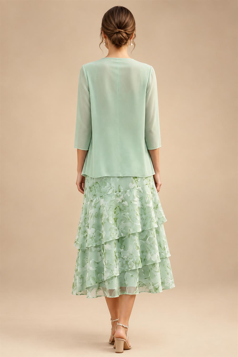 Floral Print A-Line/Princess Scoop Neck Tea-Length Mother of the Bride & Groom Dresses with Tiered Layers & Ruched Waist (SHI22501120)