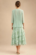 Floral Print A-Line/Princess Scoop Neck Tea-Length Mother of the Bride & Groom Dresses with Tiered Layers & Ruched Waist (SHI22501120)