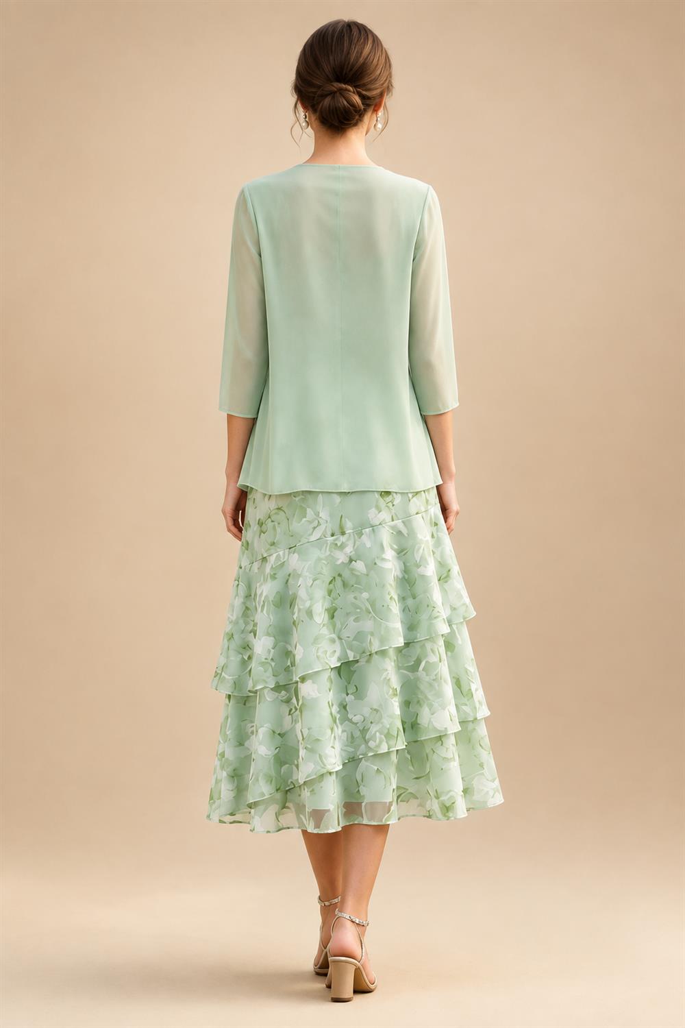 Floral Print A-Line/Princess Scoop Neck Tea-Length Mother of the Bride & Groom Dresses with Tiered Layers & Ruched Waist (SHI22501120)