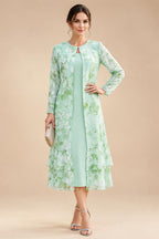 Floral Print A-Line/Princess Scoop Neck Tea-Length Mother of the Bride & Groom Dresses with Tiered Layers & Ruched Waist (SHI22501120)