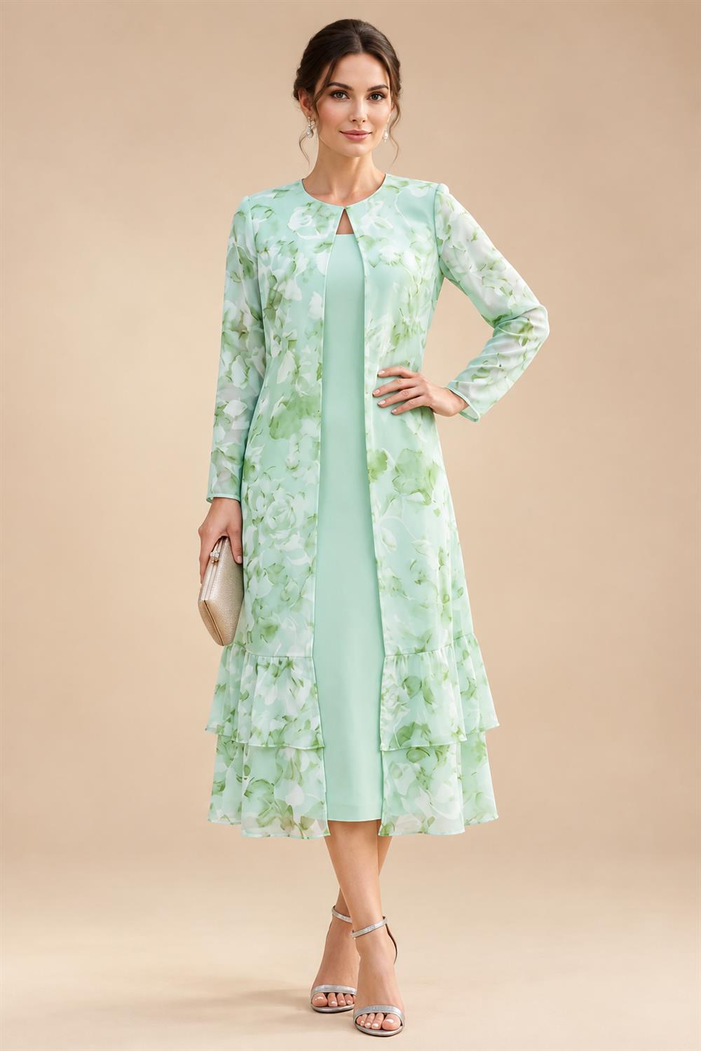 Floral Print A-Line/Princess Scoop Neck Tea-Length Mother of the Bride & Groom Dresses with Tiered Layers & Ruched Waist (SHI22501120)
