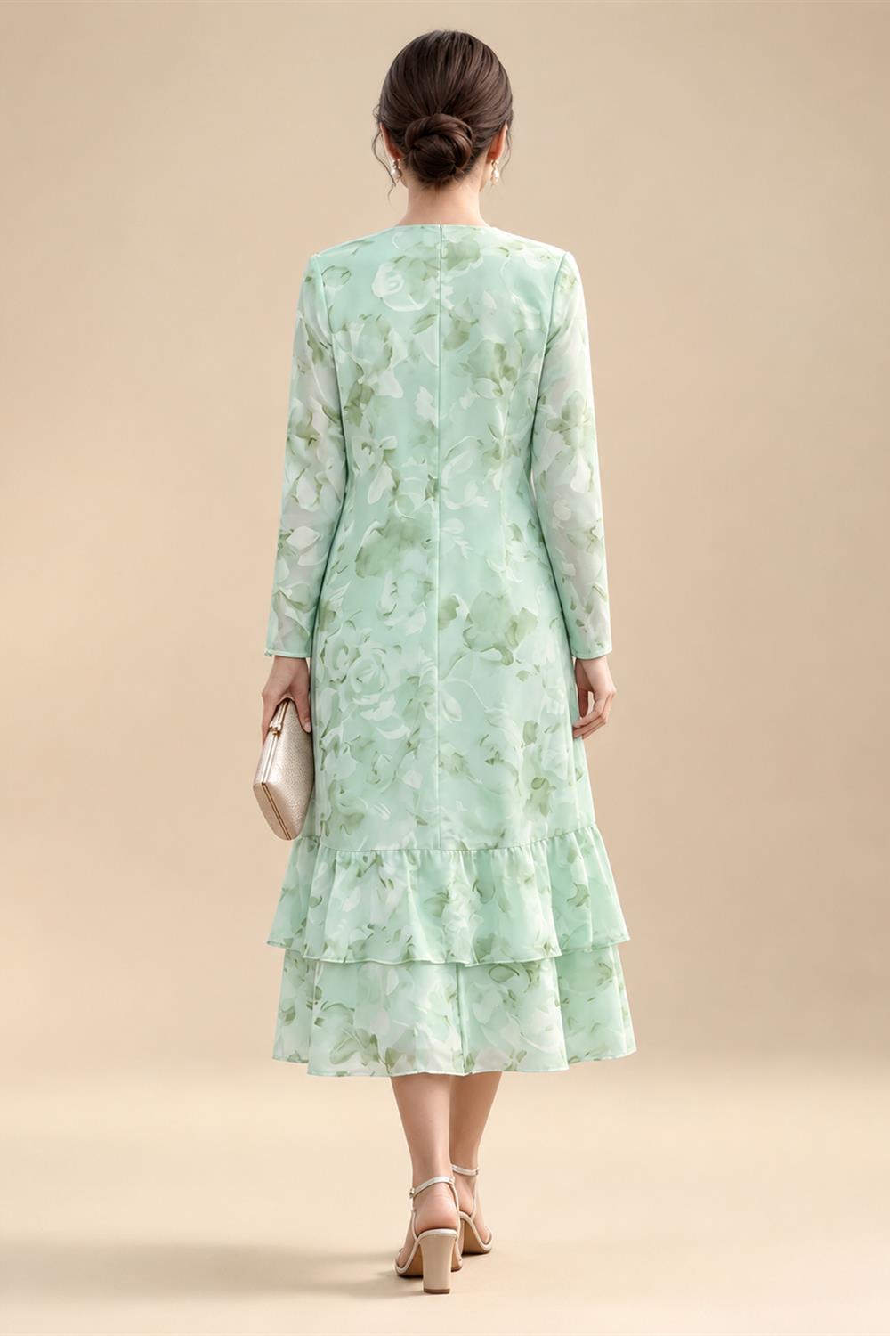 Floral Print A-Line/Princess Scoop Neck Tea-Length Mother of the Bride & Groom Dresses with Tiered Layers & Ruched Waist (SHI22501120)