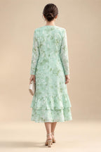Floral Print A-Line/Princess Scoop Neck Tea-Length Mother of the Bride & Groom Dresses with Tiered Layers & Ruched Waist (SHI22501120)
