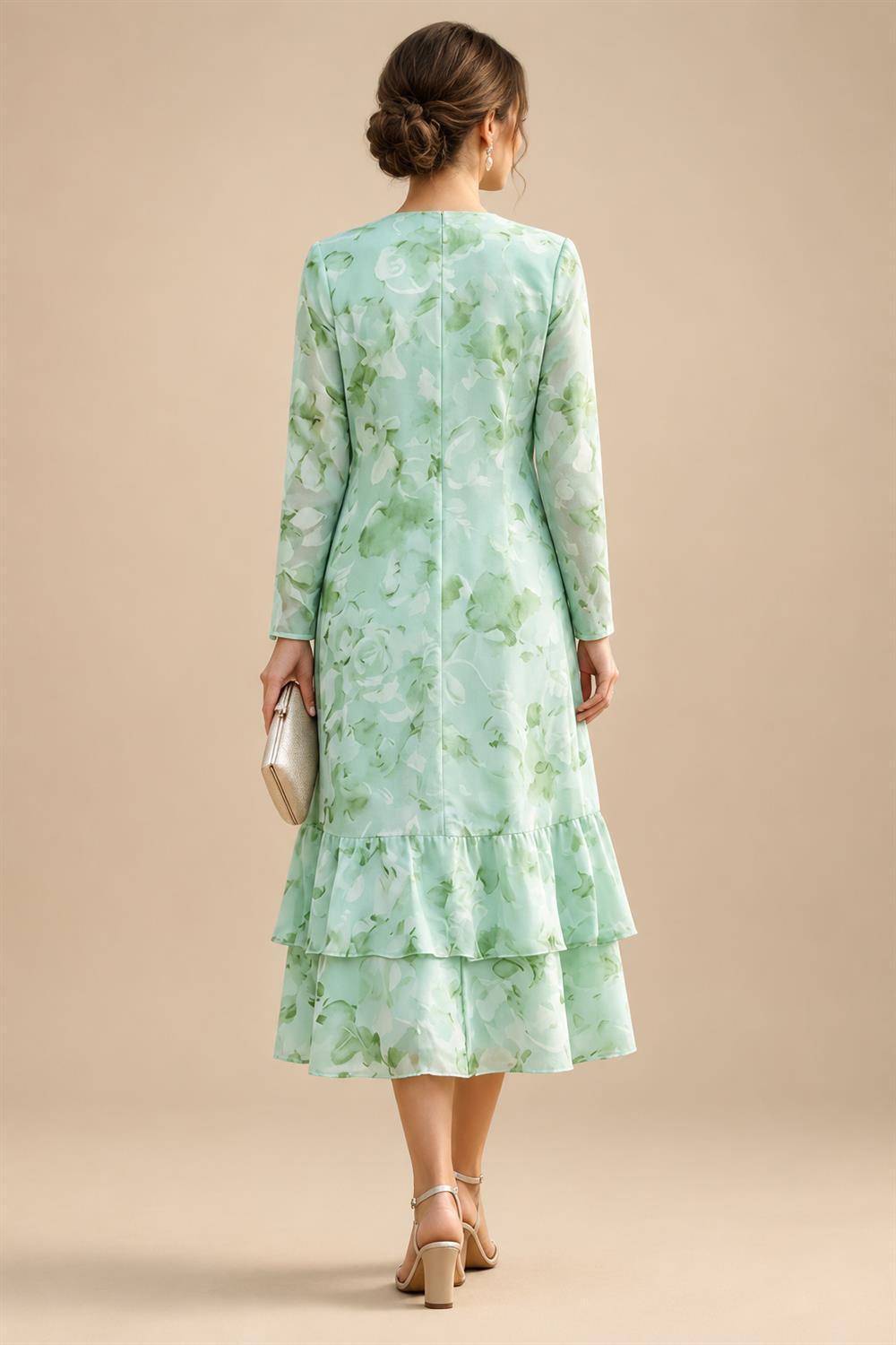 Floral Print A-Line/Princess Scoop Neck Tea-Length Mother of the Bride & Groom Dresses with Tiered Layers & Ruched Waist (SHI22501120)