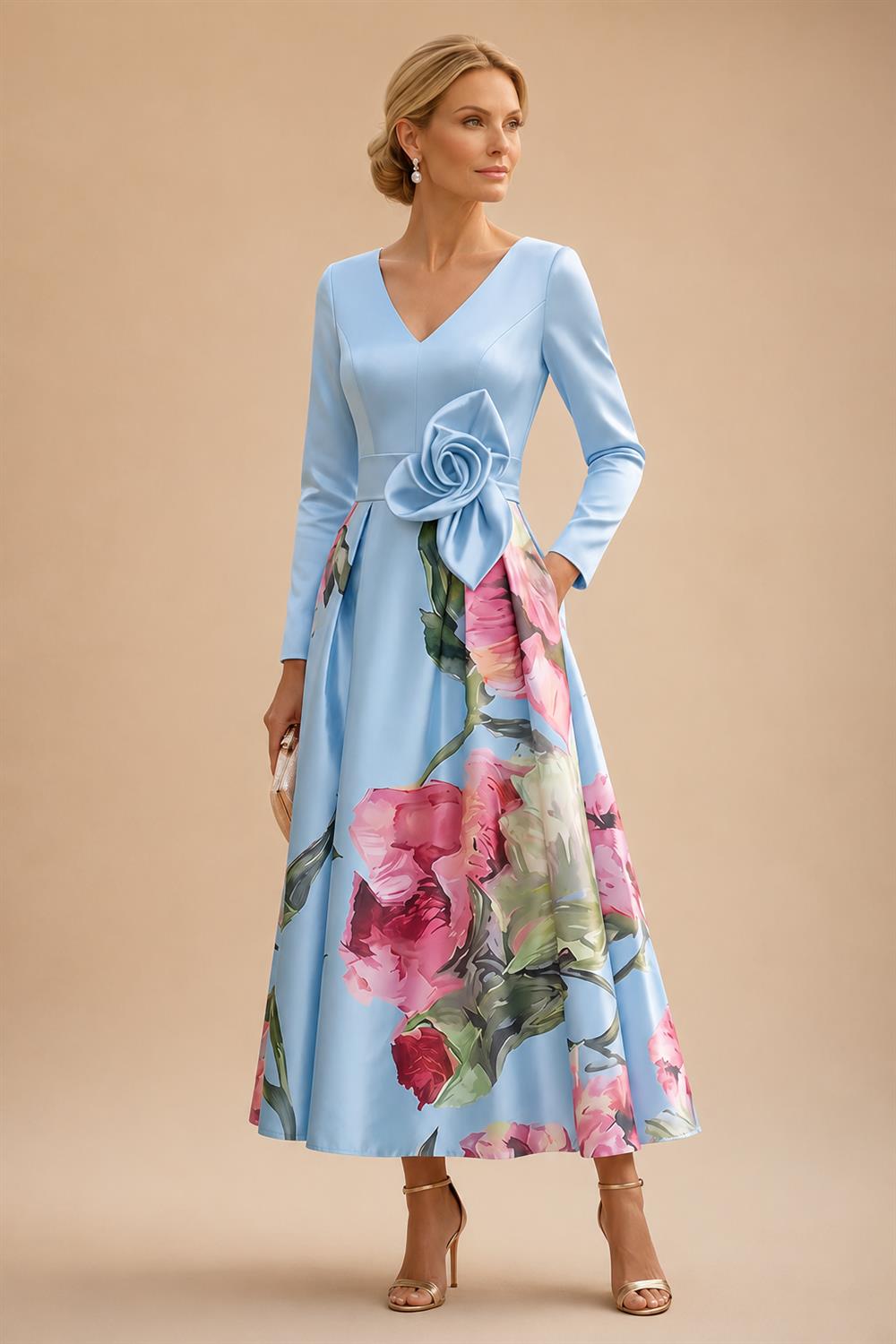 Floral Print A-Line/Princess V-Neck Tea-Length Mother of the Bride & Groom Dresses with Ruched Waist & Pockets (SHI22501150)