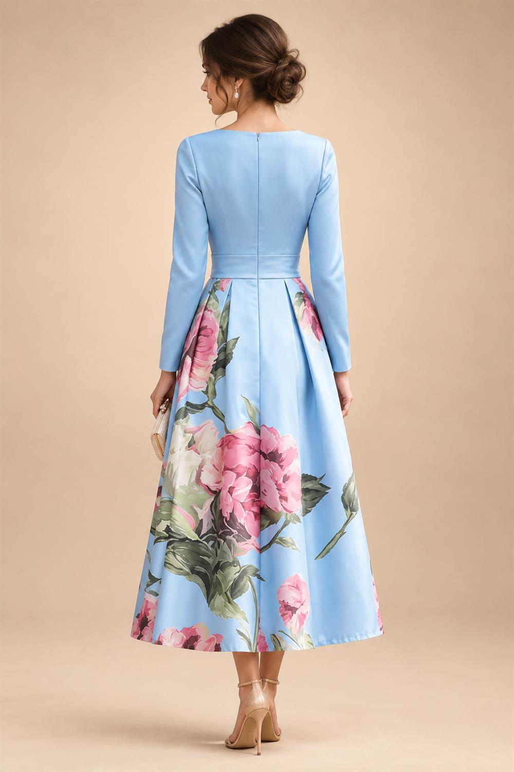 Floral Print A-Line/Princess V-Neck Tea-Length Mother of the Bride & Groom Dresses with Ruched Waist & Pockets (SHI22501150)