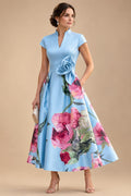 Floral Print A-Line/Princess V-Neck Tea-Length Mother of the Bride & Groom Dresses with Ruched Waist & Pockets (SHI22501150)