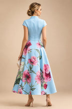 Floral Print A-Line/Princess V-Neck Tea-Length Mother of the Bride & Groom Dresses with Ruched Waist & Pockets (SHI22501150)
