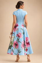 Floral Print A-Line/Princess V-Neck Tea-Length Mother of the Bride & Groom Dresses with Ruched Waist & Pockets (SHI22501150)