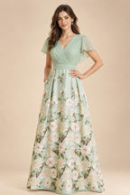 Floral Print A-Line/Princess V-Neck Tea-Length Mother of the Bride & Groom Dresses with Ruched Waist & Pockets (SHI22501150)