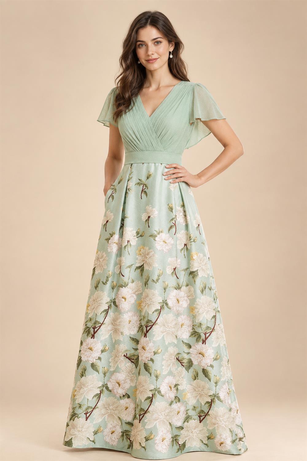 Floral Print A-Line/Princess V-Neck Tea-Length Mother of the Bride & Groom Dresses with Ruched Waist & Pockets (SHI22501150)