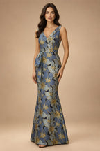 Jacquard Sheath/Column V-Neck Floor-Length Mother of the Bride & Groom Dresses with Ruffles & Ruched Waist (SHI22501060)