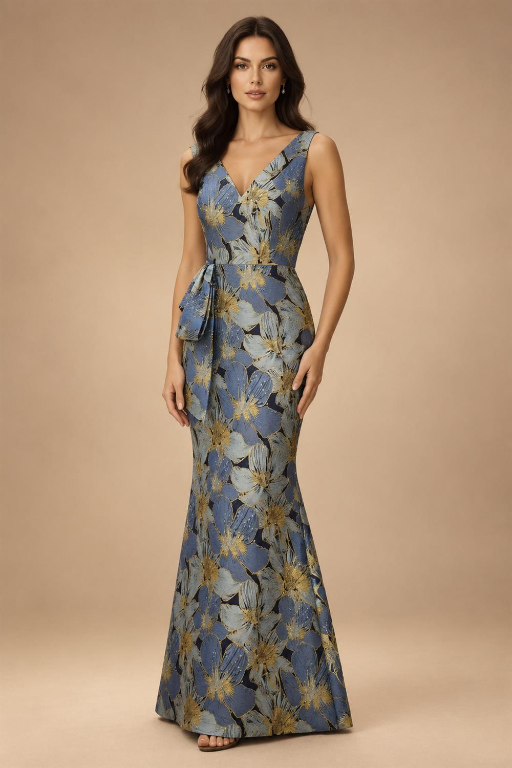 Jacquard Sheath/Column V-Neck Floor-Length Mother of the Bride & Groom Dresses with Ruffles & Ruched Waist (SHI22501060)