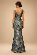 Jacquard Sheath/Column V-Neck Floor-Length Mother of the Bride & Groom Dresses with Ruffles & Ruched Waist (SHI22501060)