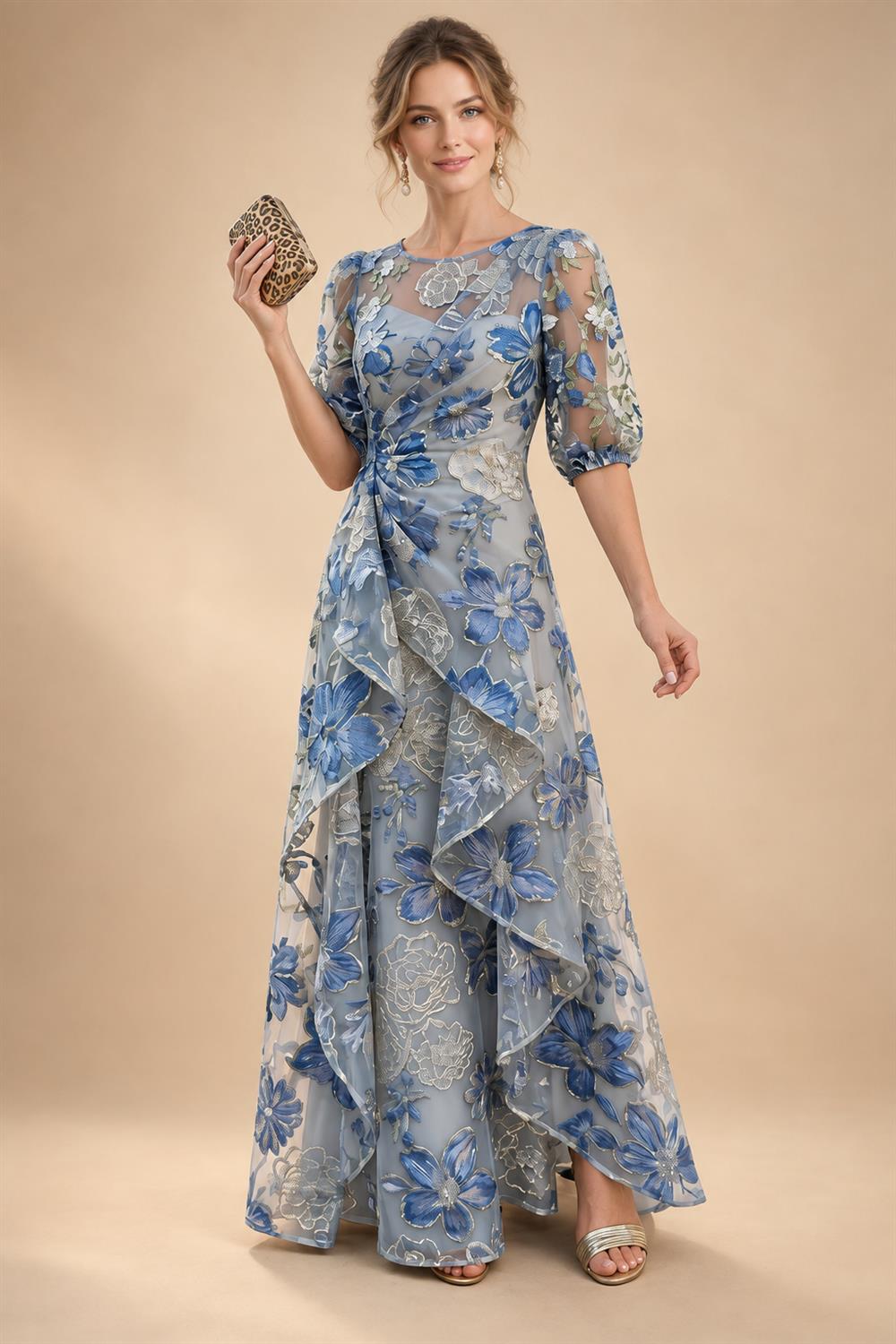A-Line Chiffon Floral Print 3/4 Cape Sleeves Tiered Mother of the Bride & Groom Dresses with Beaded Waist Embellishment (SHI22500669)