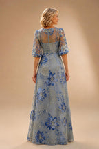 A-Line Chiffon Floral Print 3/4 Cape Sleeves Tiered Mother of the Bride & Groom Dresses with Beaded Waist Embellishment (SHI22500669)