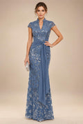 Sequin Floral Sheath/Column V-Neck Floor-Length Mother of the Bride & Groom Dresses with Ruched Waist (SHI22501219)