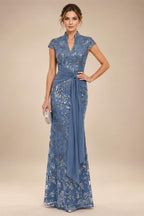 Sequin Floral Sheath/Column V-Neck Floor-Length Mother of the Bride & Groom Dresses with Ruched Waist (SHI22501219)