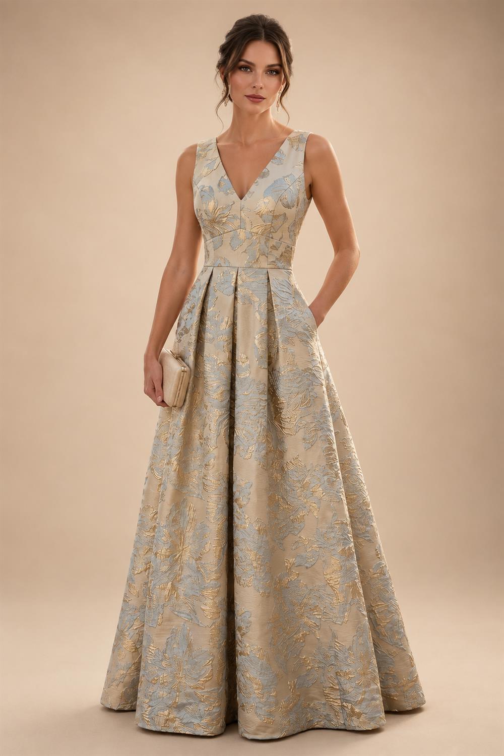 Jacquard A-Line/Princess V-Neck Floor-Length Mother of the Bride & Groom Dresses with Pockets (SHI22500987)