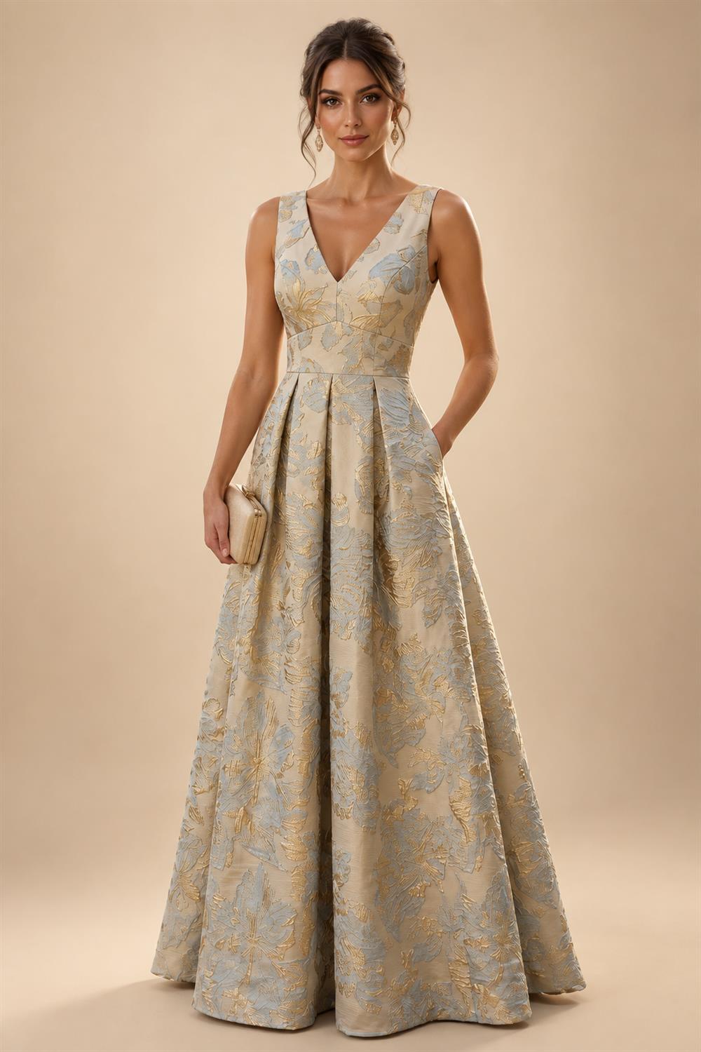 Jacquard A-Line/Princess V-Neck Floor-Length Mother of the Bride & Groom Dresses with Pockets (SHI22500987)