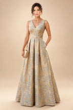 Jacquard A-Line/Princess V-Neck Floor-Length Mother of the Bride & Groom Dresses with Ruched Waist & Pockets (SHI22500984)