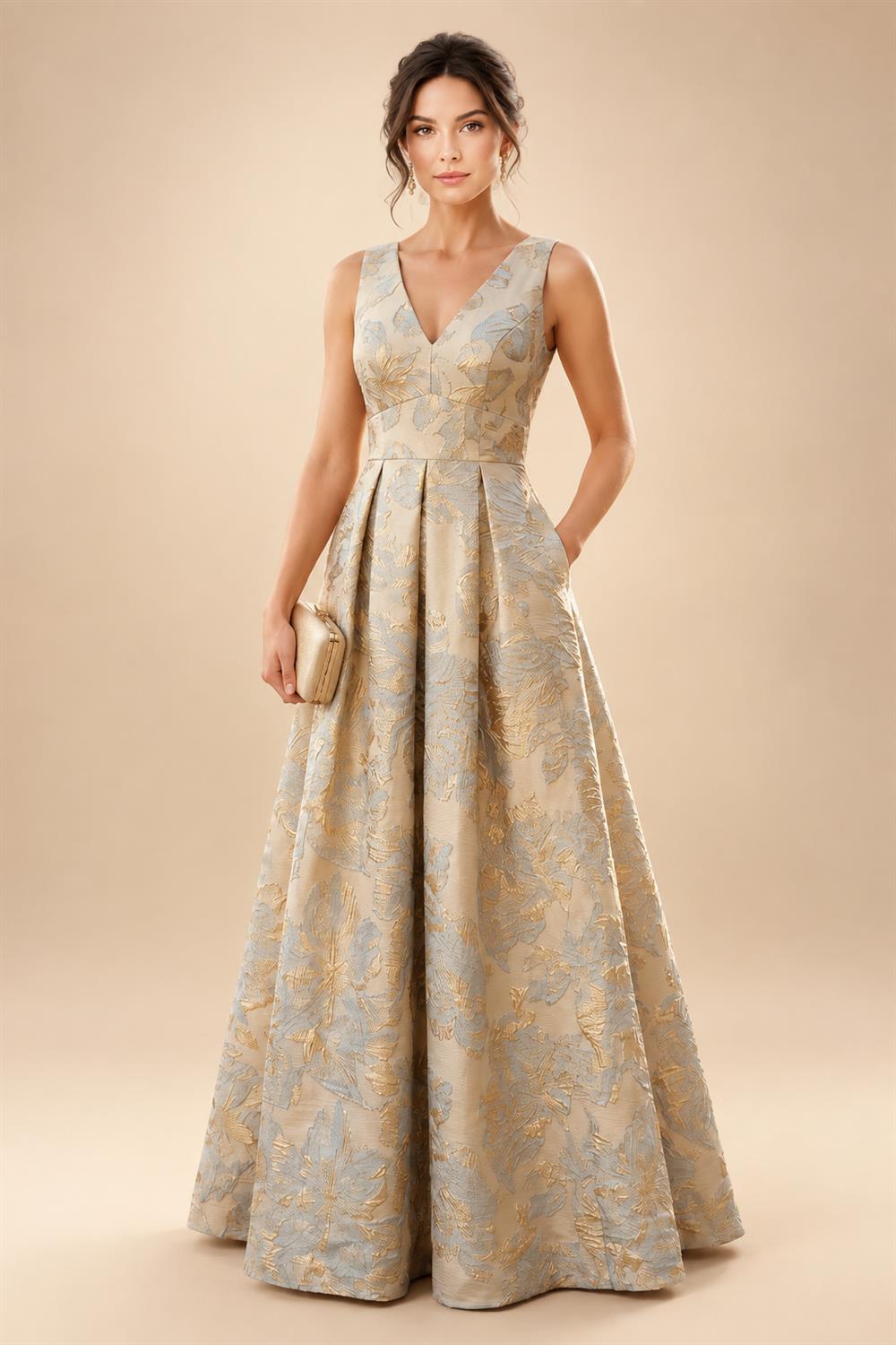 Jacquard A-Line/Princess V-Neck Floor-Length Mother of the Bride & Groom Dresses with Ruched Waist & Pockets (SHI22500984)