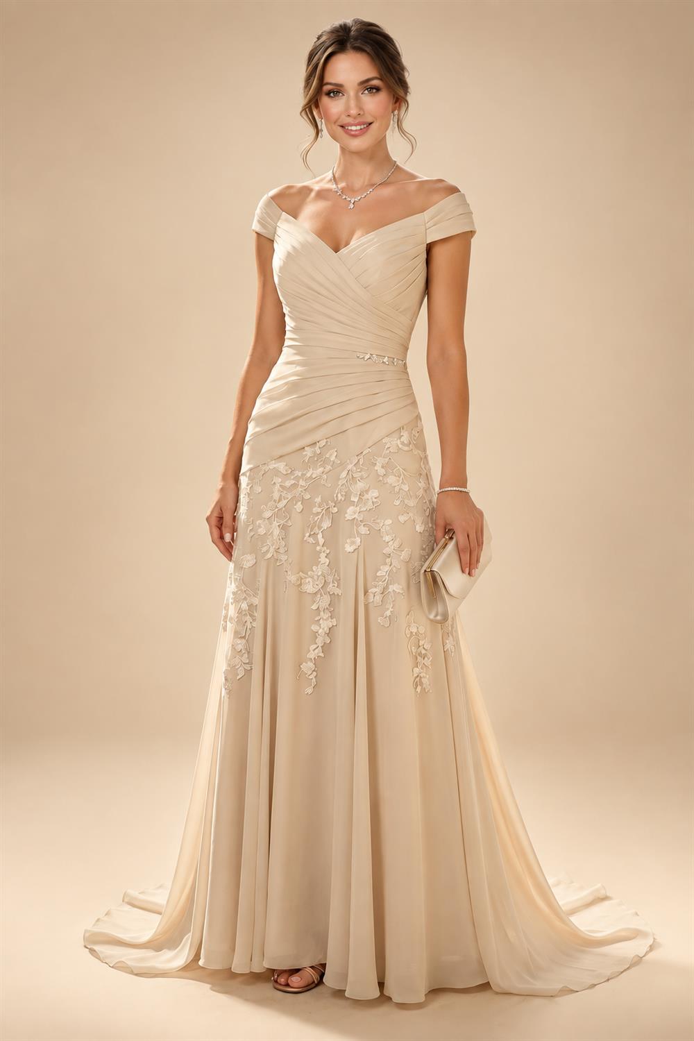 Cape Sleeve Floral Jacquard Satin Tea-Length Ruched Mother of the Bride Dresses 2 Piece (SHIA22500528)