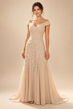 A-Line/Princess V-Neck Chiffon Maxi Mother of the Bride & Groom Dresses with Lace Appliques, Sweep Train & Bow (SHI22501641)