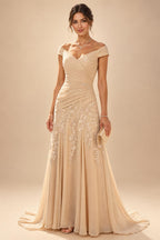 A-Line Metallic Satin Off Shoulder Bow Mother of the Bride & Groom Dresses with Floral Lace Appliques, Ruched Waist & Sweep Train (SHI22500425)