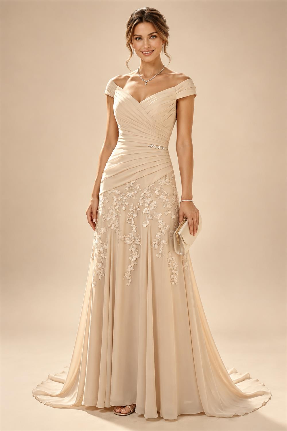 A-Line/Princess One Shoulder Chiffon Floor-Length Mother of the Bride & Groom Dresses with Lace Appliques, Sweep Train & Side Sash (SHI22501663)