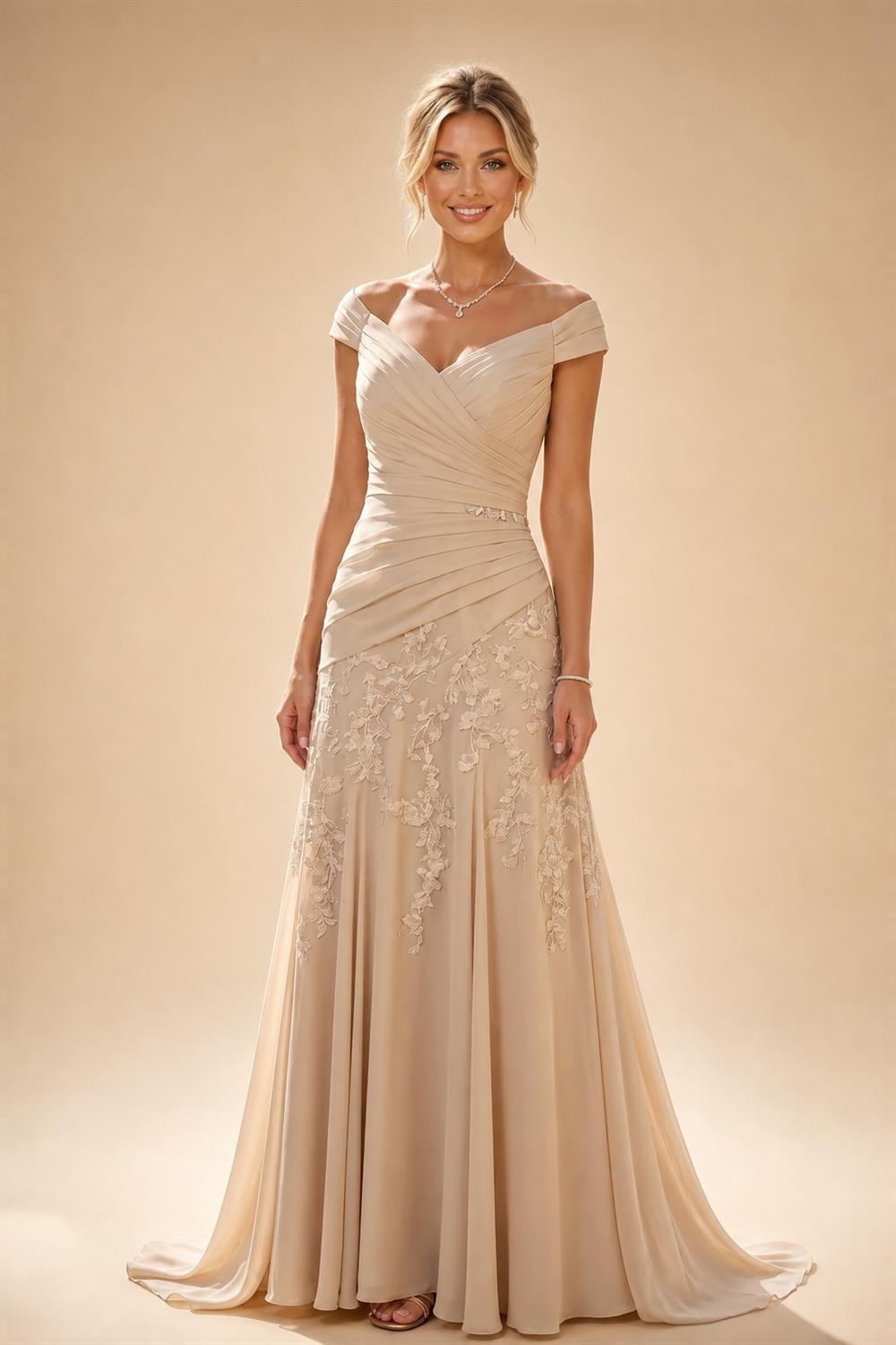 Sheath/Column Off Shoulder Stretch Jersey Floor-Length Mother of the Bride & Groom Dresses with Lace Appliques Sleeves & Slit (SHI22501550)