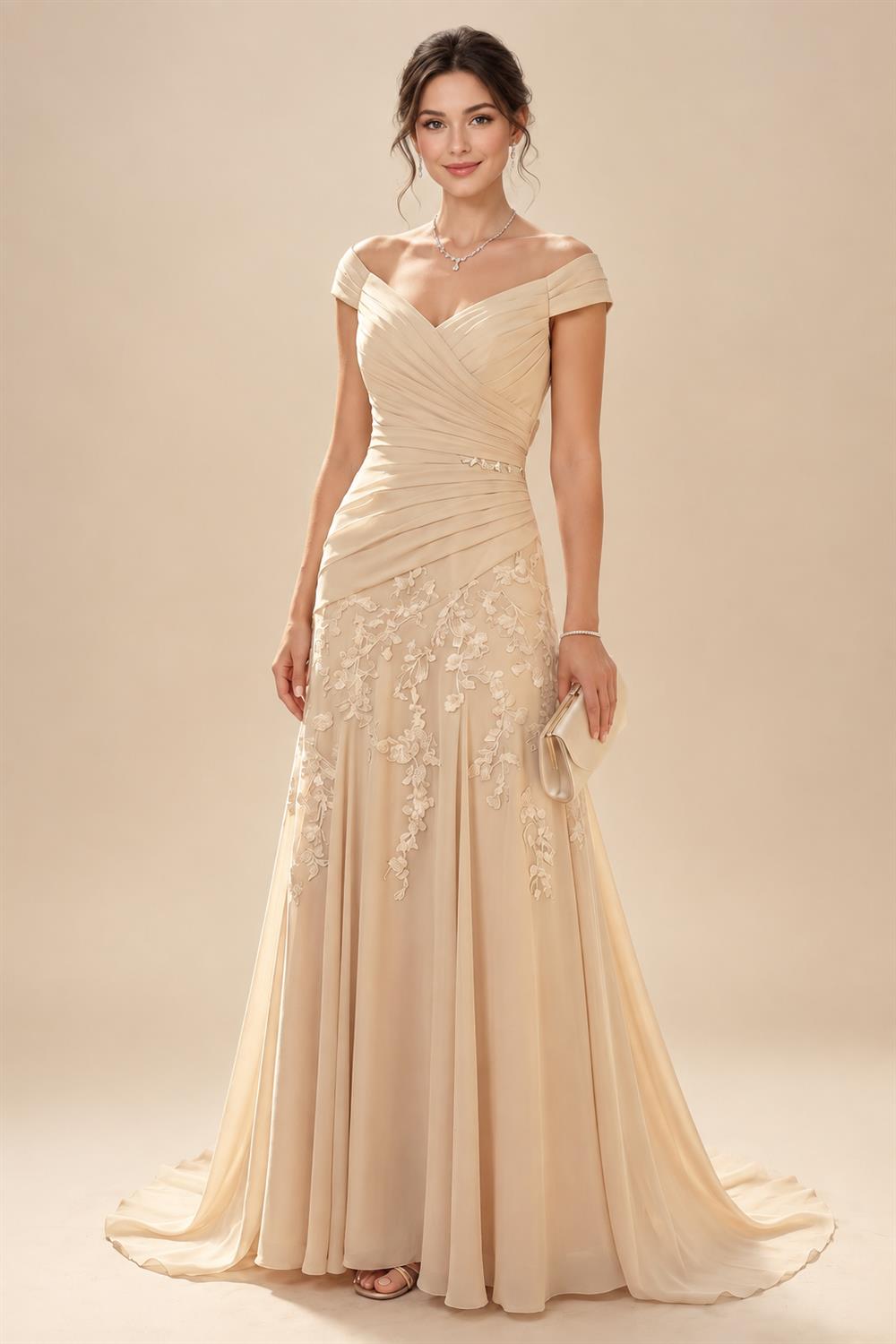 A-Line/Princess Strapless Lace Appliques Floor-Length Mother of the Bride & Groom Dresses with Pleats, Ruched Waist & Sweep Train (SHI22501664)