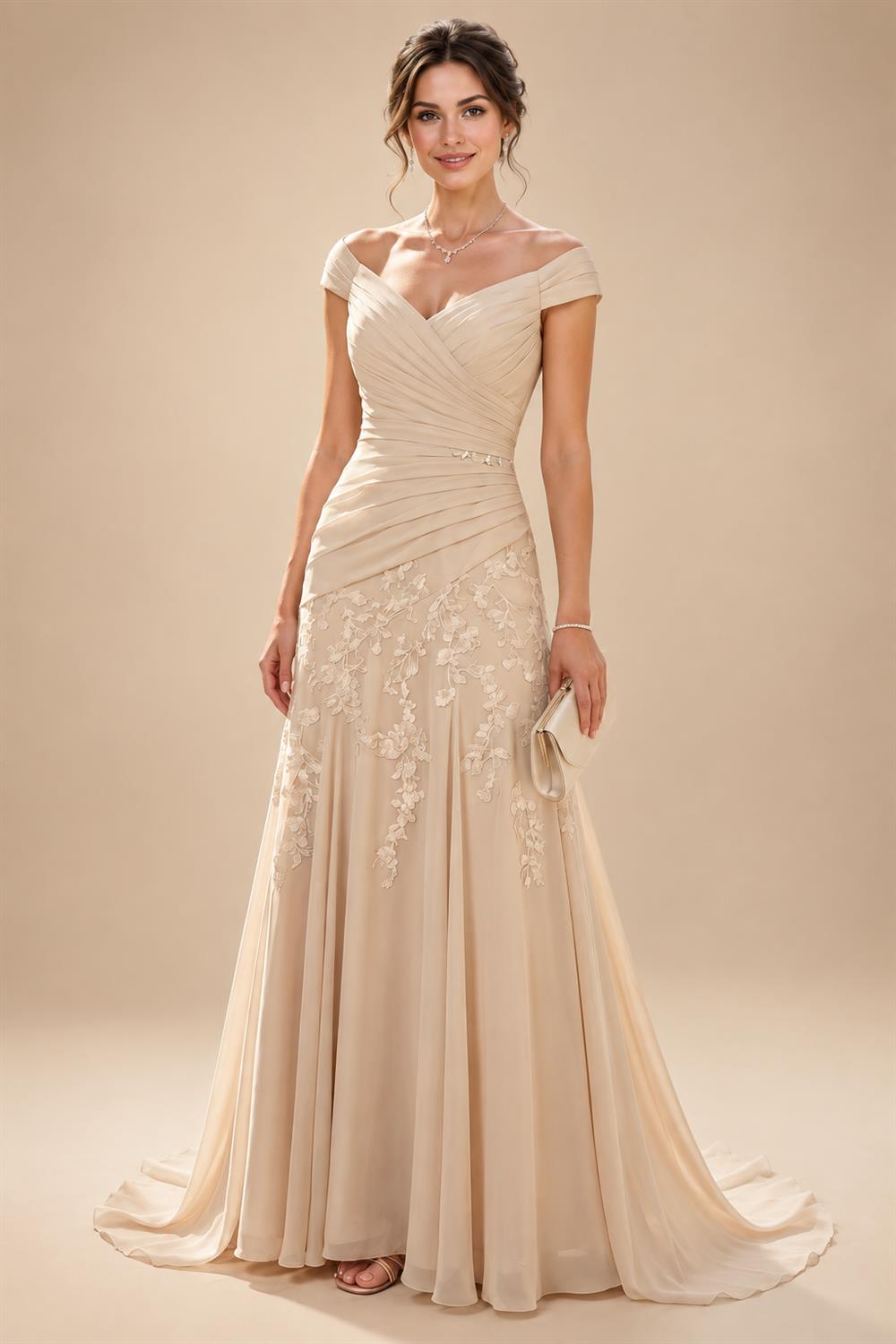 A-Line/Princess Off Shoulder Chiffon Maxi Mother of the Bride & Groom Dresses with Lace Appliques, Rhinestone & Pleats (SHI22501655)