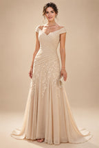A-Line/Princess Off Shoulder Chiffon Maxi Mother of the Bride & Groom Dresses with Lace Appliques, Rhinestone & Pleats (SHI22501655)