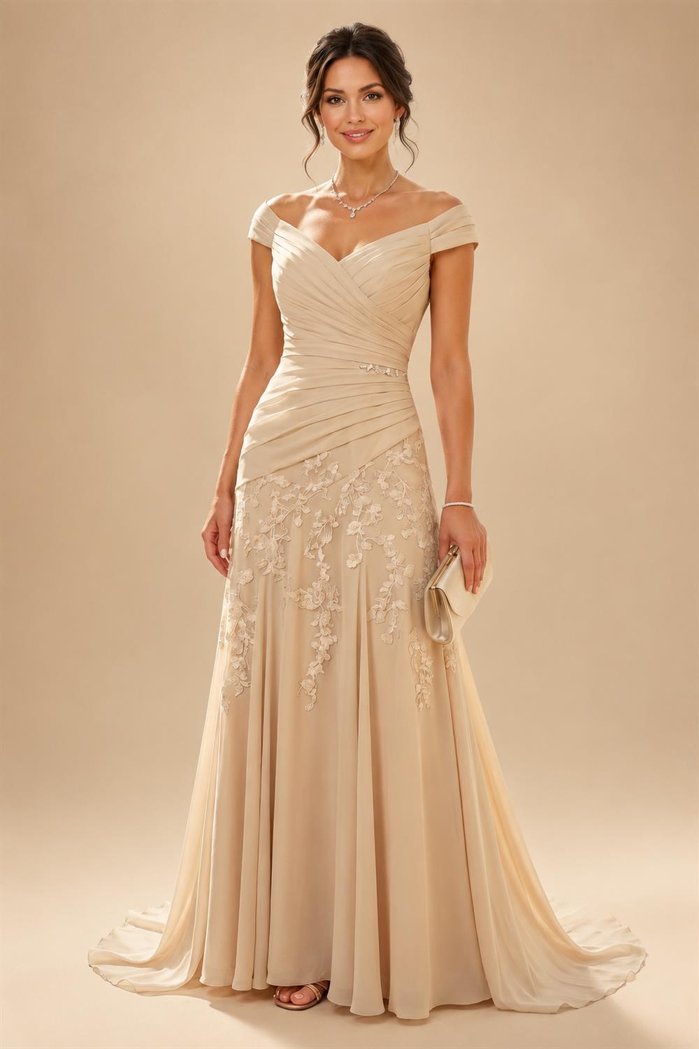 A-Line/Princess Scoop Neck Chiffon Maxi Mother of the Bride & Groom Dresses with Lace Appliques & Pleats (SHI22501638)