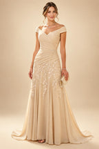 A-Line/Princess V-Neck Chiffon Maxi Mother of the Bride & Groom Dresses with Lace Appliques & Sweep Train (SHI22501644)
