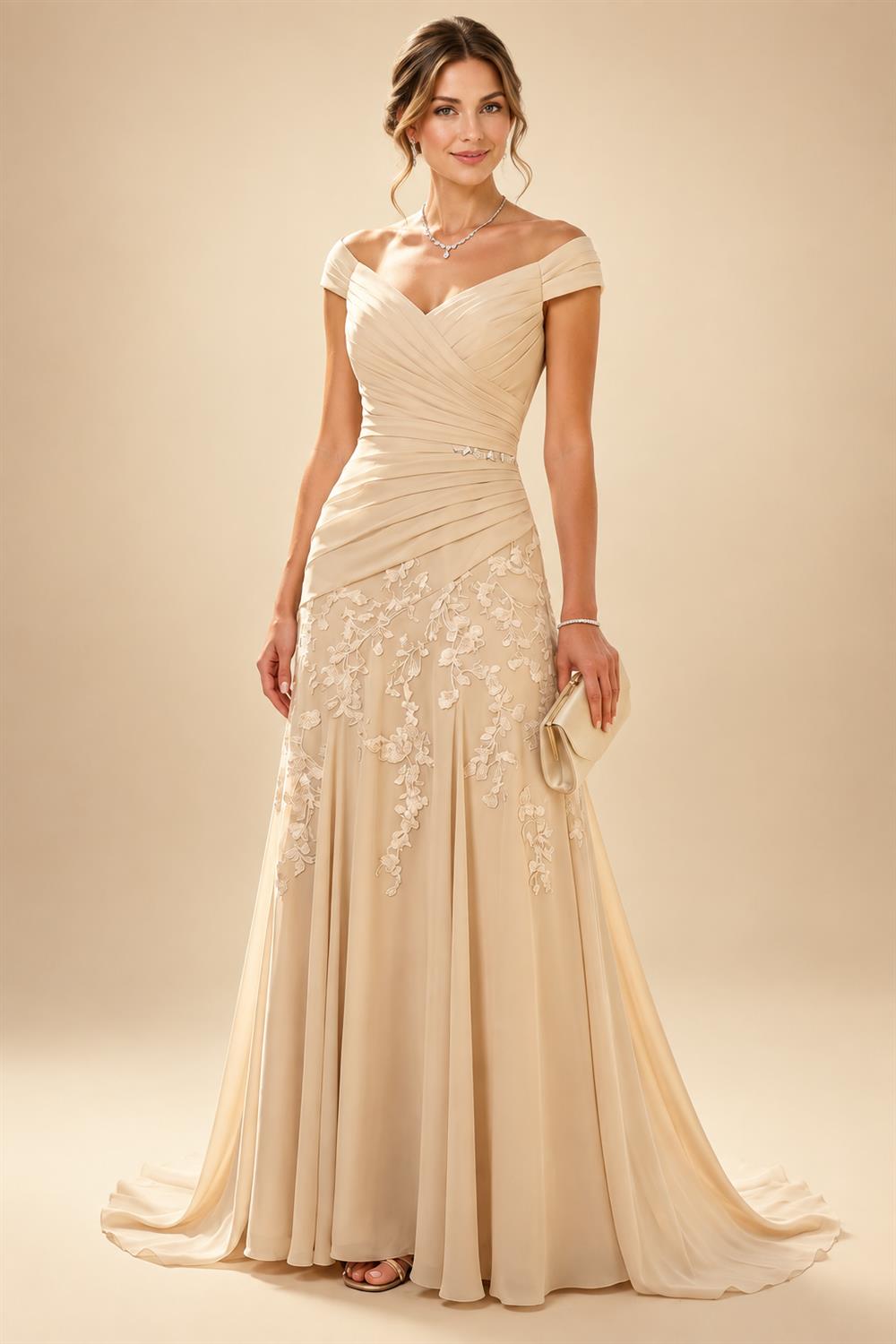 A-Line/Princess V-Neck Chiffon Maxi Mother of the Bride & Groom Dresses with Lace Appliques & Sweep Train (SHI22501644)
