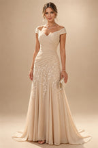 A-Line/Princess Off Shoulder Chiffon Maxi Mother of the Bride & Groom Dresses with Lace Appliques, Rhinestone & Pleats (SHI22501655)