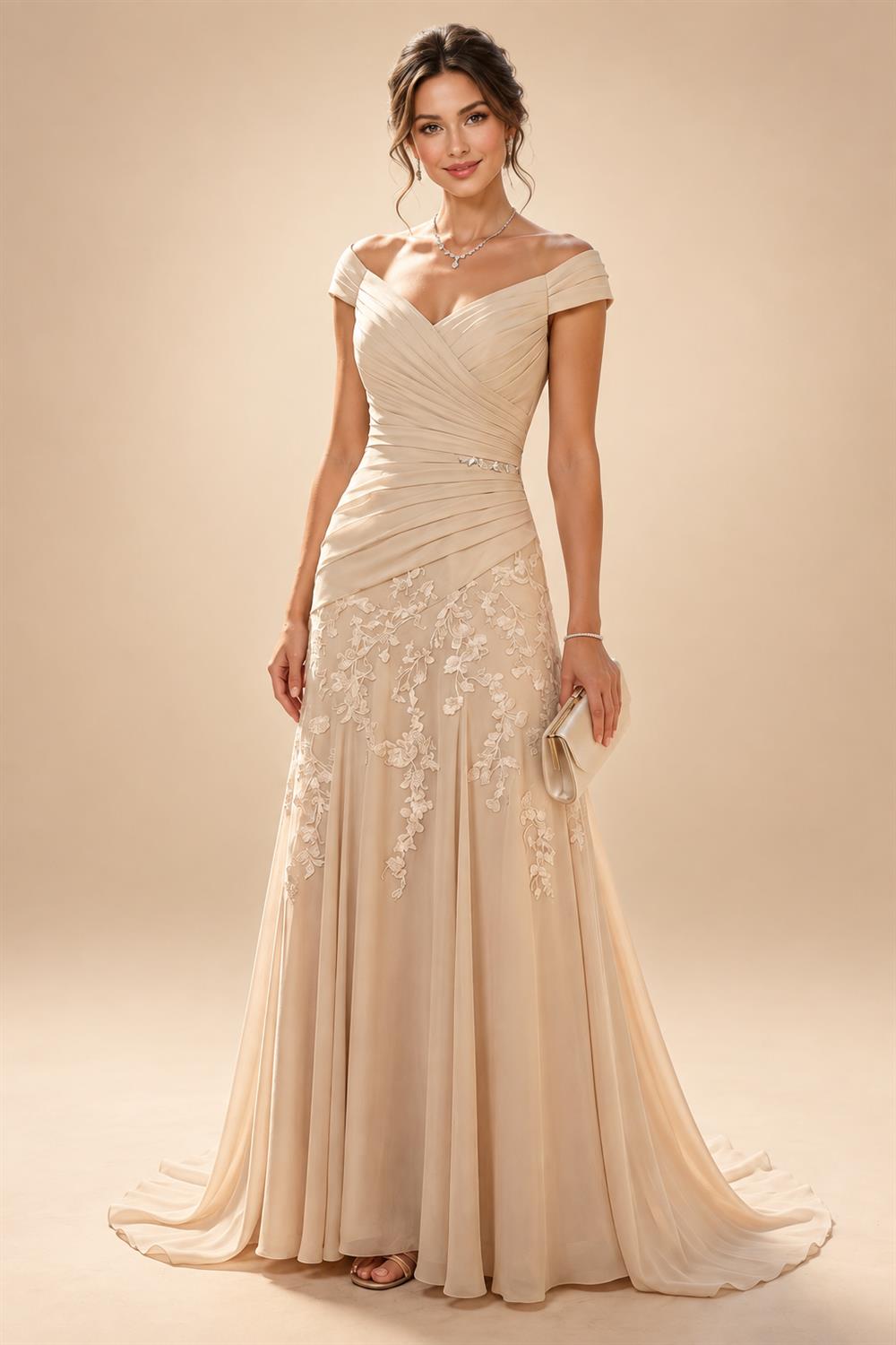 Cape Sleeve Jacquard Satin Ruched Mother of the Bride Dresses (SHI22500526)