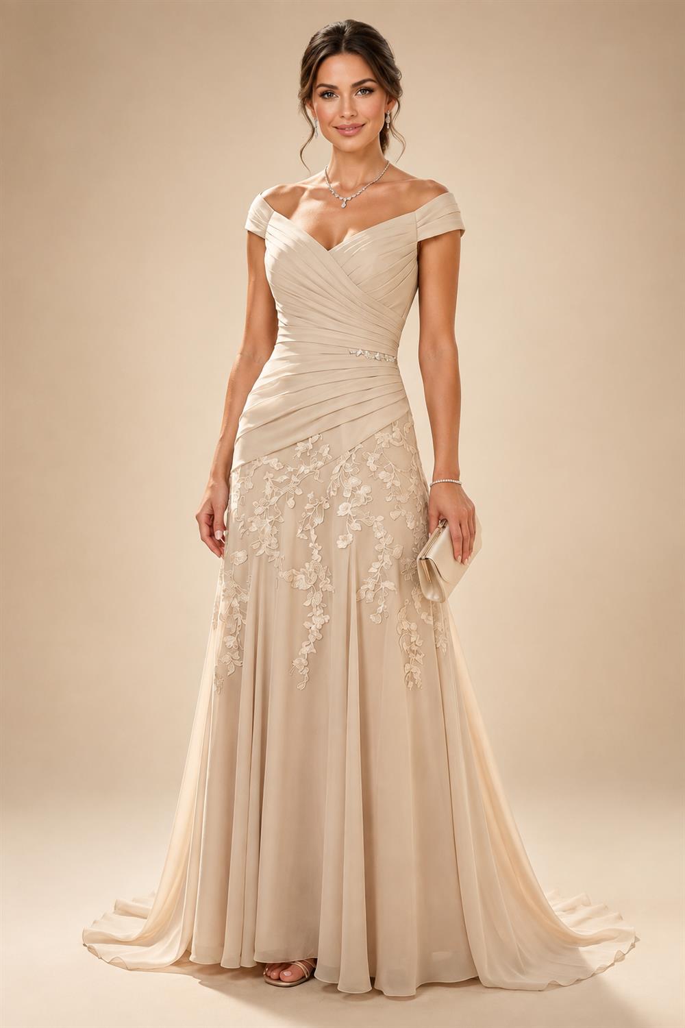 Chiffon Sheath/Column V-Neck Floor-Length Mother of the Bride & Groom Dresses with Lace Embroidery Bodice & Ruched Waist (SHI22501510)