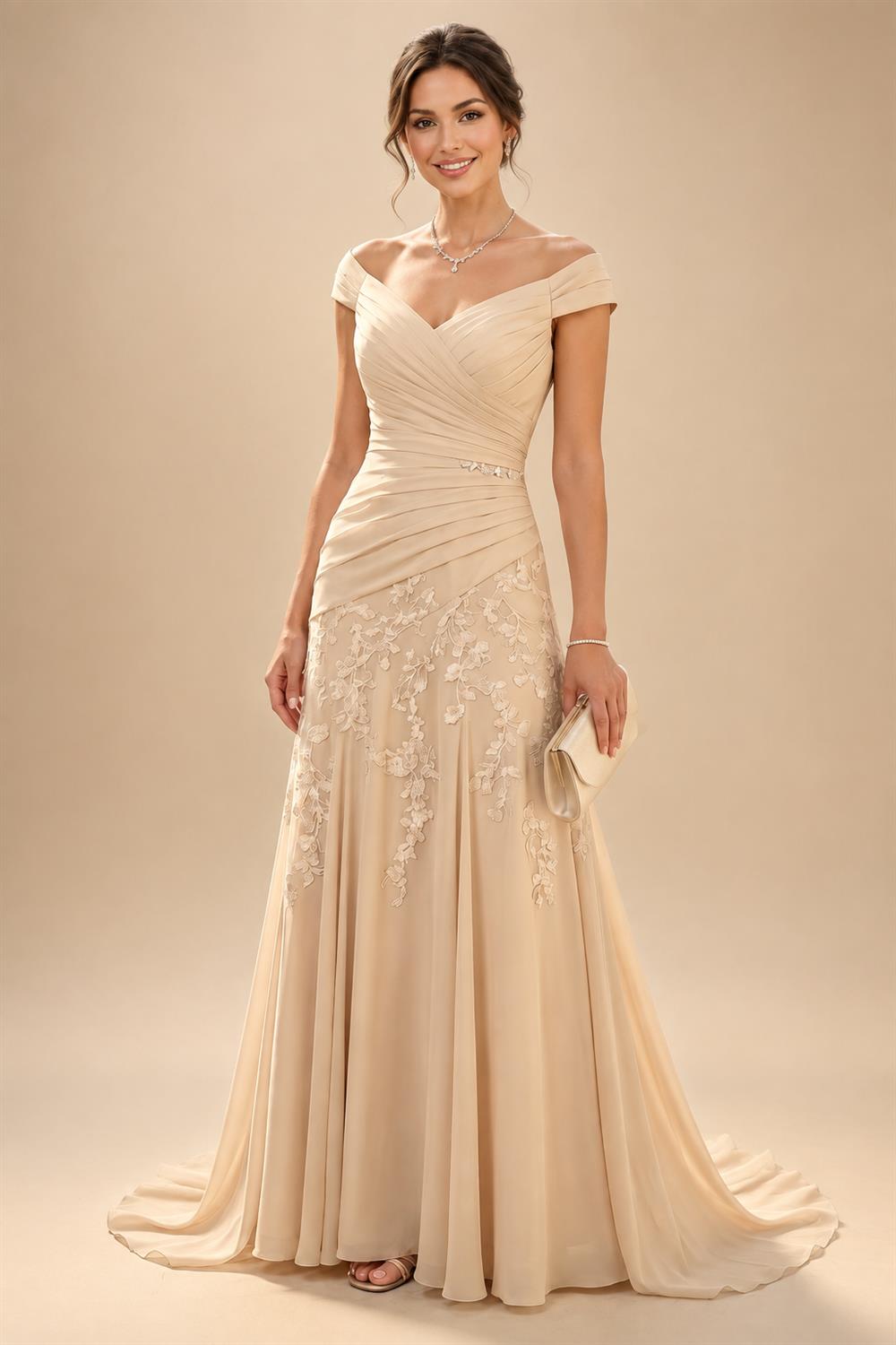 A-Line Floral Jacquard Floor-Length Mother of the Bride & Groom Dresses with V-Neck, Cap Sleeves (SHI22500480)