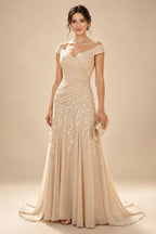 A-Line/Princess Off Shoulder Chiffon Floor-Length Mother of the Bride & Groom Dresses with Sequin, Lace Appliques & Pleats (SHI22501662)