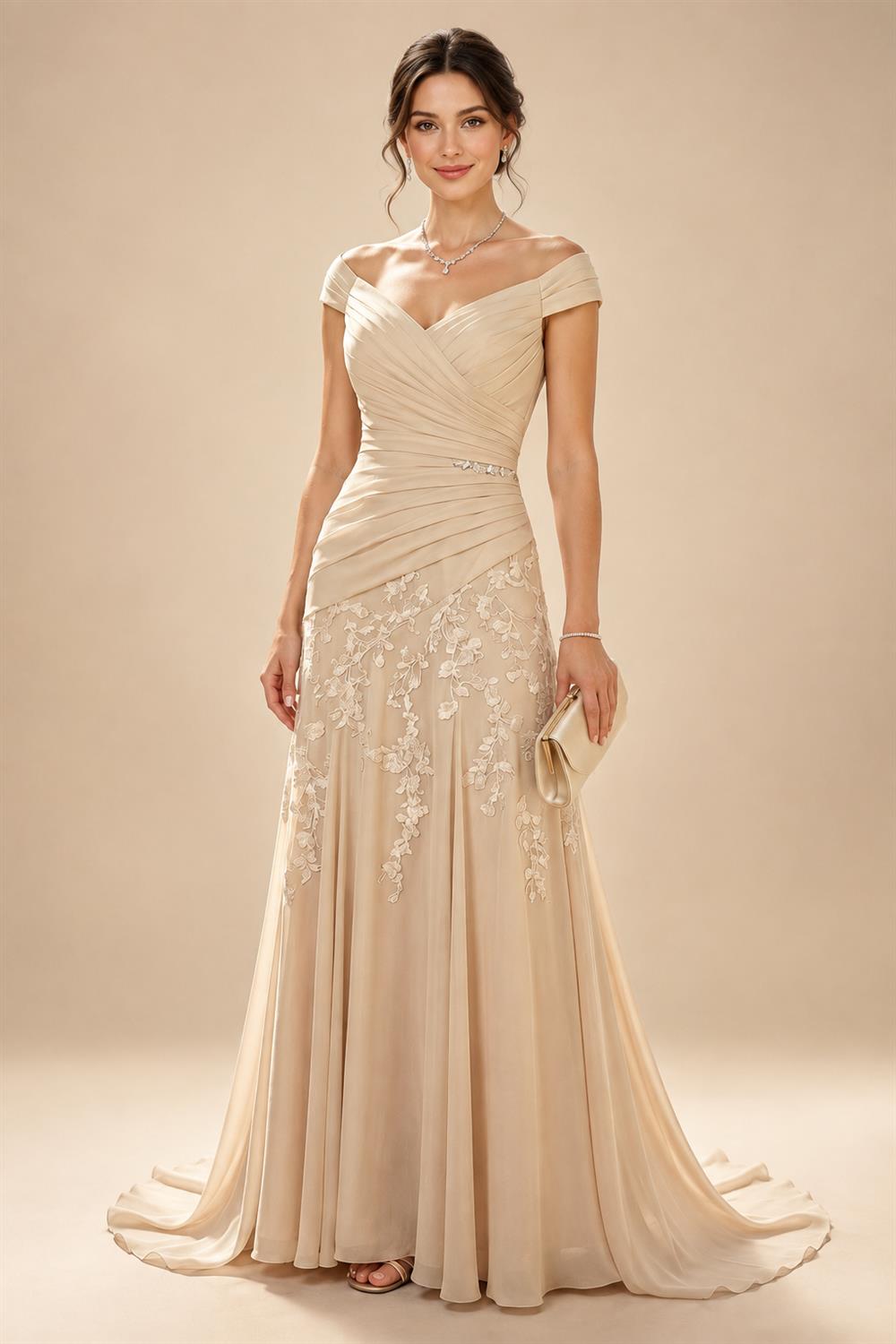A-Line/Princess Off Shoulder Chiffon Floor-Length Mother of the Bride & Groom Dresses with Sequin, Lace Appliques & Pleats (SHI22501662)